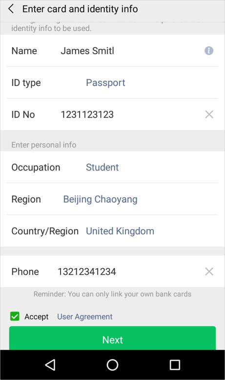 WeChat Pay identity verification �� passport upload and facial recognition screen